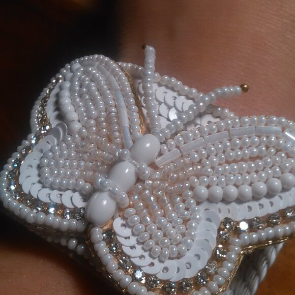Handcrafted White Seed Bead And White Crystal Butterfly Cuff Bracelet - Picture 10 of 12